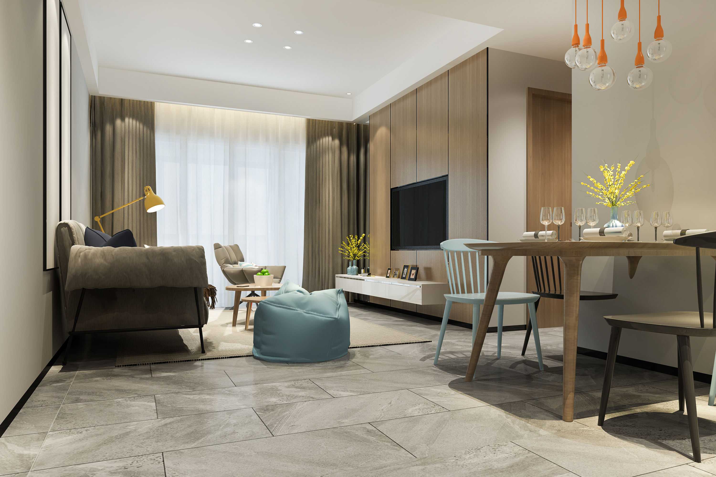 Warm modern interior with tiled floor