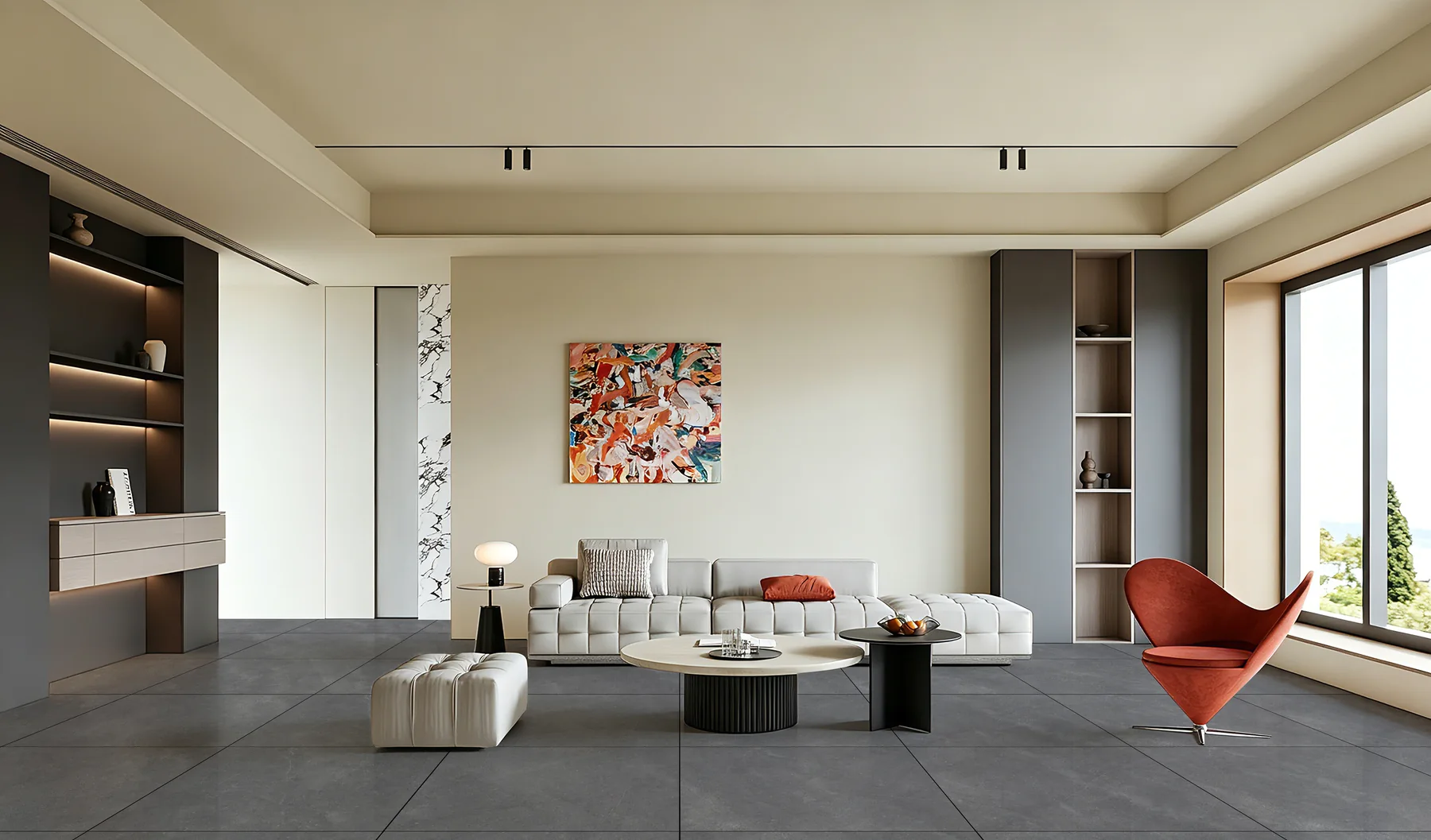Modern living room finished with large-format Cement Look floor tiles